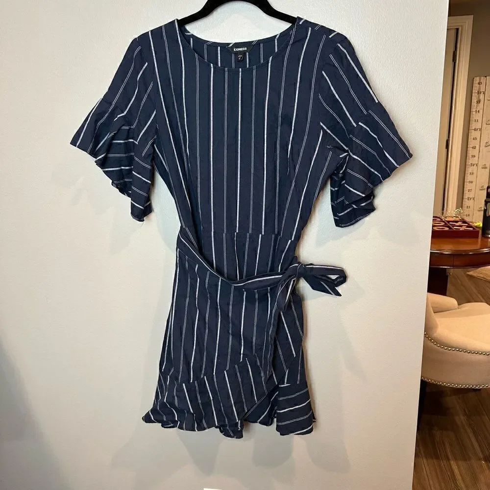 Express Navy Striped Ruffle Sleeve Wrap Dress M